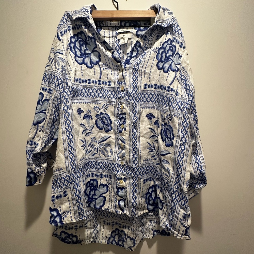 Halston Heritage Blue and White Linen Shirt